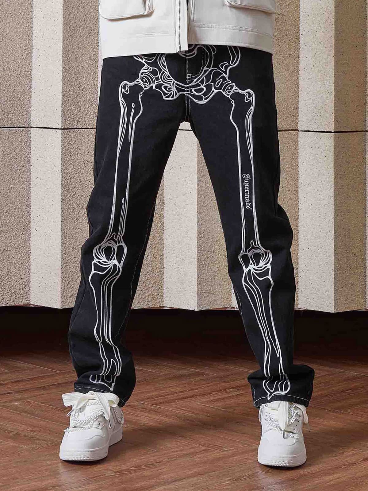 Thesupermade Hip Hop Bones Embroidered Jeans - 1859; Black / XL, Black / 2XL, Black / 3XL