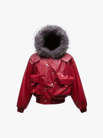Deconstructed Multi Pocket Fur Hooded PU Leather Jacket - 2566 