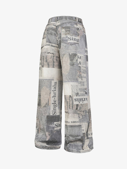 Graffiti Newspaper Baggy Jeans - 2404; Grey / M, Grey / L, Grey / XL, Grey / 2XL, Grey / 3XL