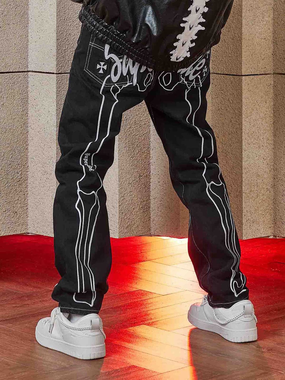 Thesupermade Hip Hop Bones Embroidered Jeans - 1859; Black / XL, Black / 2XL, Black / 3XL