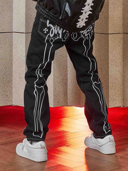 Thesupermade Hip Hop Bones Embroidered Jeans - 1859; Black / XL, Black / 2XL, Black / 3XL