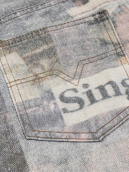 Graffiti Newspaper Baggy Jeans - 2404; Grey / M, Grey / L, Grey / XL, Grey / 2XL, Grey / 3XL