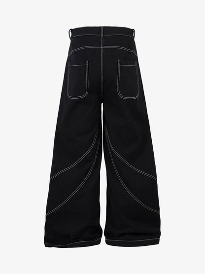 Deconstructed Contrast Embroidered Baggy Jeans - 2330; Black / M, Black / L, Black / XL, Black / 2XL