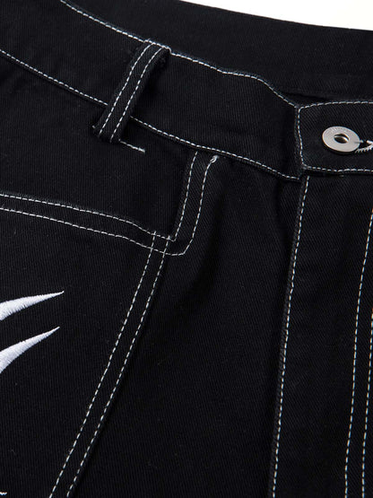 Deconstructed Contrast Embroidered Baggy Jeans - 2330; Black / M, Black / L, Black / XL, Black / 2XL
