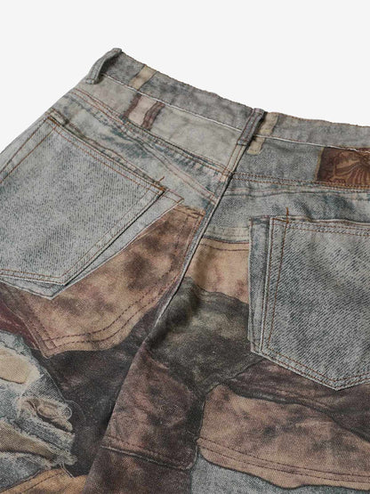 Thesupermade High Street Distressed Washed Printed Jeans - 2246; Brown / M, Brown / L, Brown / XL, Brown / 2XL