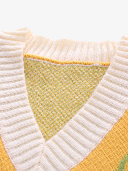 Thesupermade Graffiti Love V-neck Irregular Sweater - 1695; Yellow / S, Yellow / M, Yellow / L, Yellow / XL, Yellow / 2XL, Yellow / 3XL