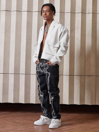 Thesupermade Hip Hop Bones Embroidered Jeans - 1859; Black / XL, Black / 2XL, Black / 3XL