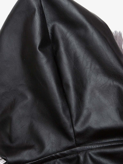 Deconstructed Multi Pocket Fur Hooded PU Leather Jacket - 2566; Black / M, Black / L, Black / XL, Black / 2XL, Black / 3XL