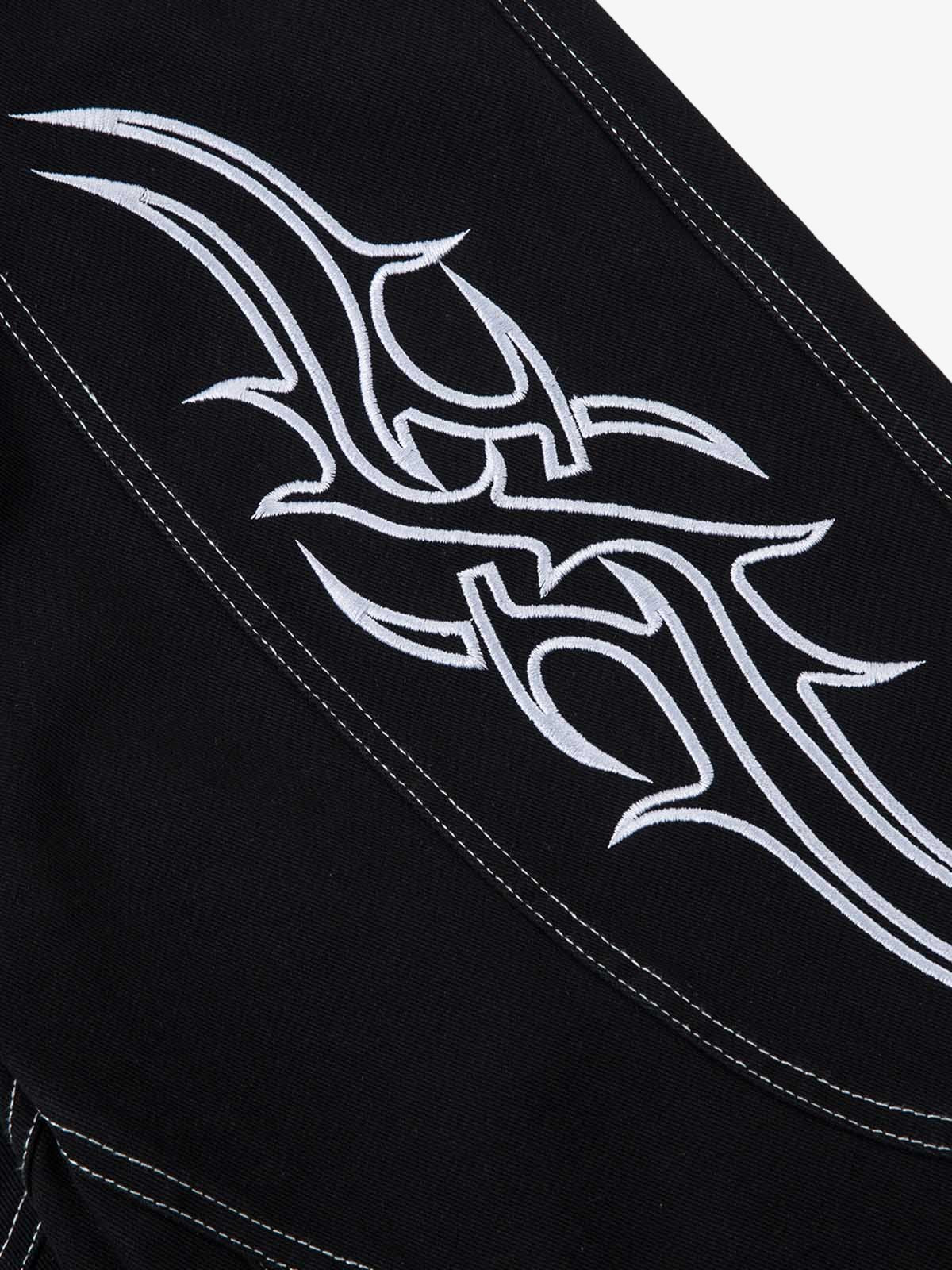Deconstructed Contrast Embroidered Baggy Jeans - 2330; Black / M, Black / L, Black / XL, Black / 2XL