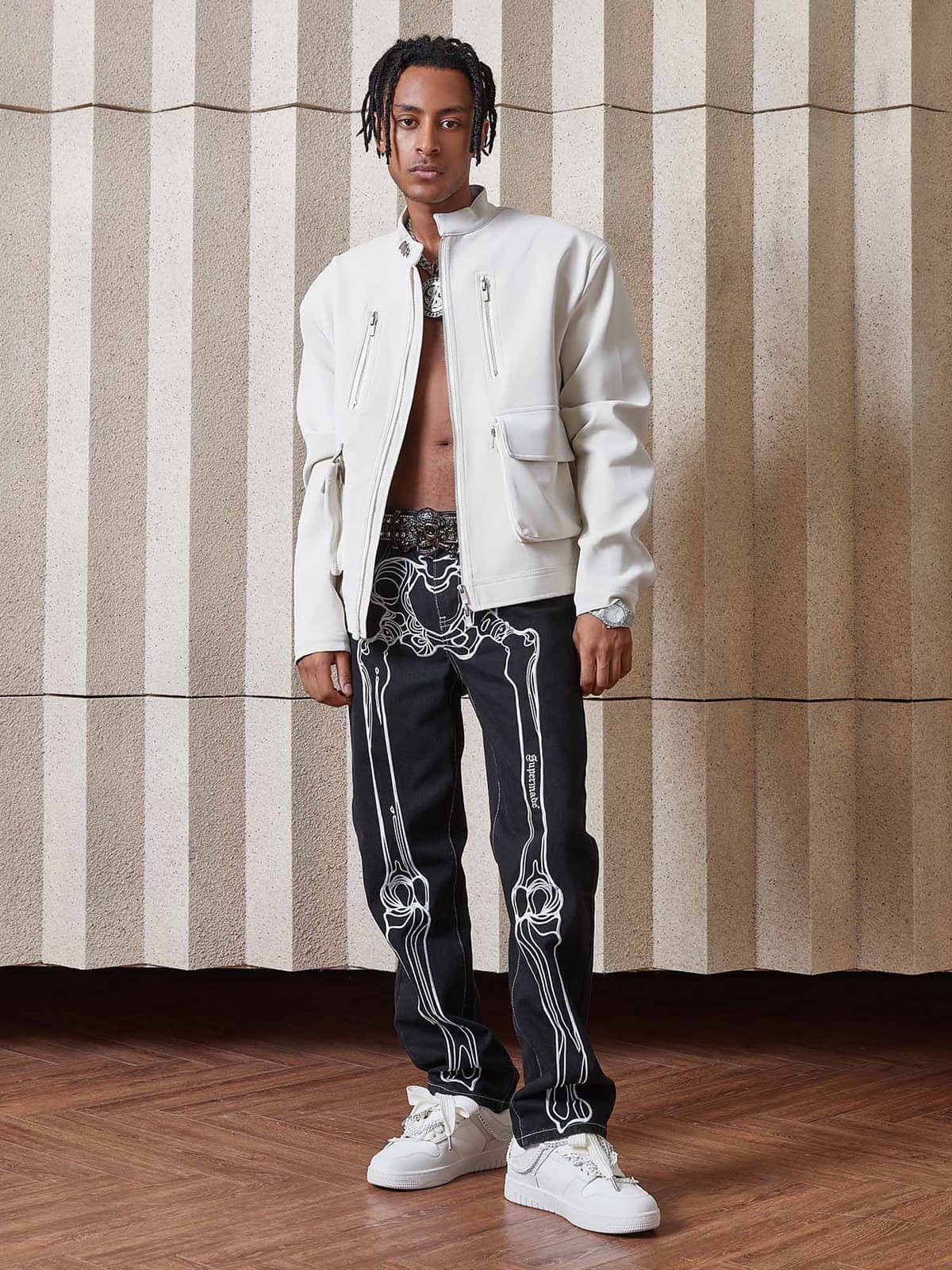 Thesupermade Hip Hop Bones Embroidered Jeans - 1859; Black / XL, Black / 2XL, Black / 3XL
