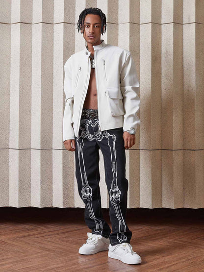 Thesupermade Hip Hop Bones Embroidered Jeans - 1859; Black / XL, Black / 2XL, Black / 3XL