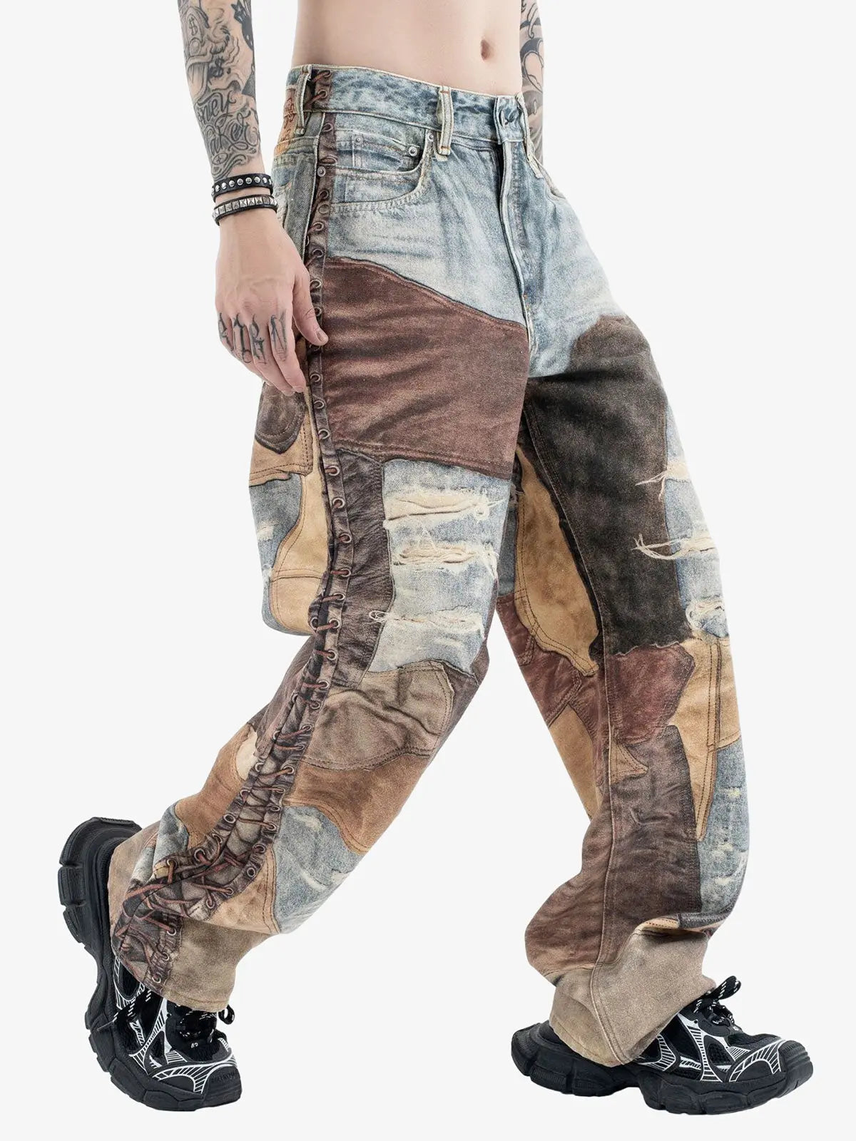 Thesupermade High Street Distressed Washed Printed Jeans - 2246; Brown / M, Brown / L, Brown / XL, Brown / 2XL