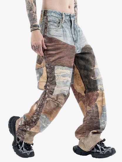 Thesupermade High Street Distressed Washed Printed Jeans - 2246; Brown / M, Brown / L, Brown / XL, Brown / 2XL