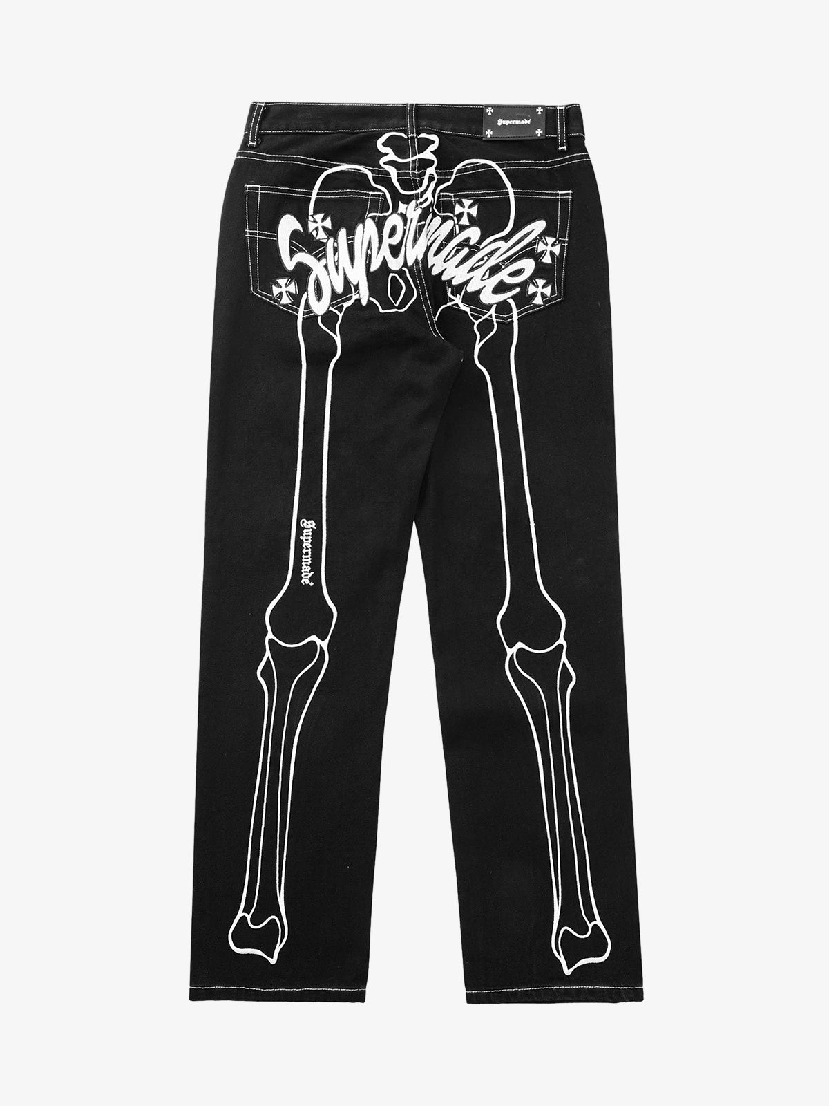 Thesupermade Hip Hop Bones Embroidered Jeans - 1859; Black / XL, Black / 2XL, Black / 3XL