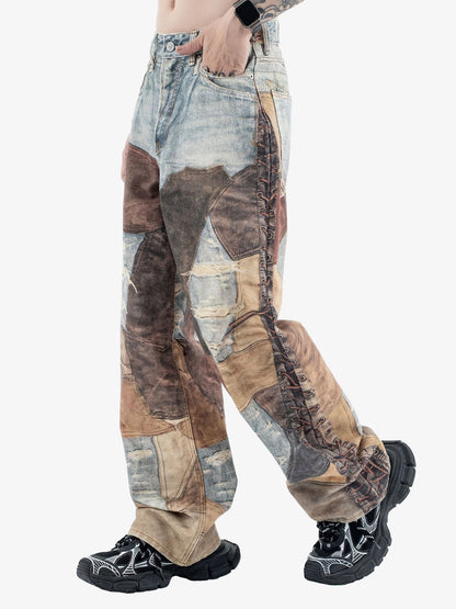 Thesupermade High Street Distressed Washed Printed Jeans - 2246; Brown / M, Brown / L, Brown / XL, Brown / 2XL