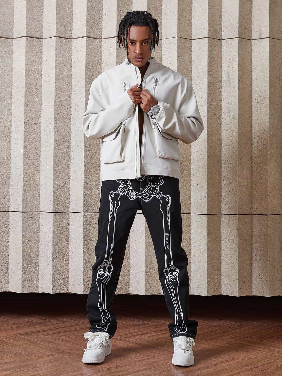 Thesupermade Hip Hop Bones Embroidered Jeans - 1859; Black / XL, Black / 2XL, Black / 3XL