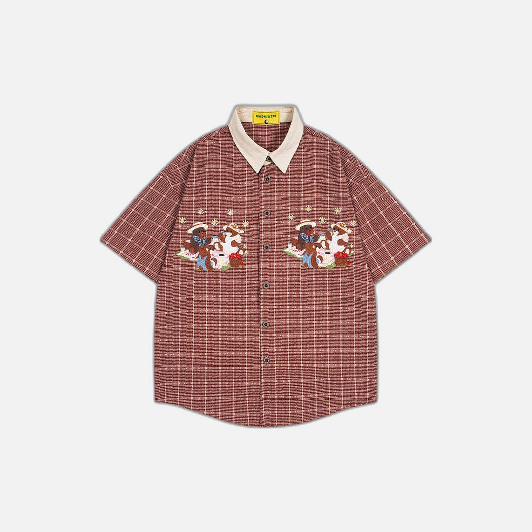Plaid Hip Hop Bear Embroidered Shirt