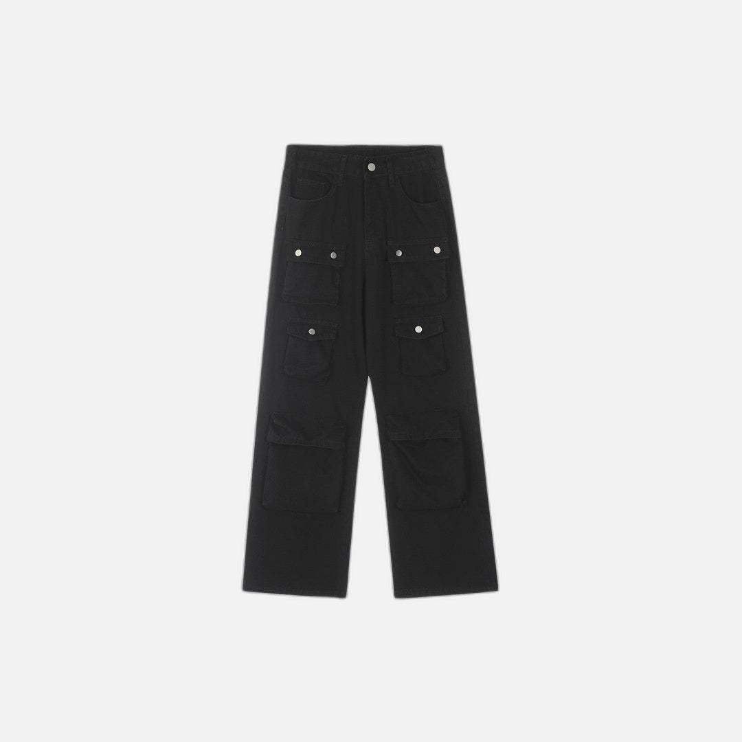 Vintage Washed Functional Multi-Pocket Straight Jeans