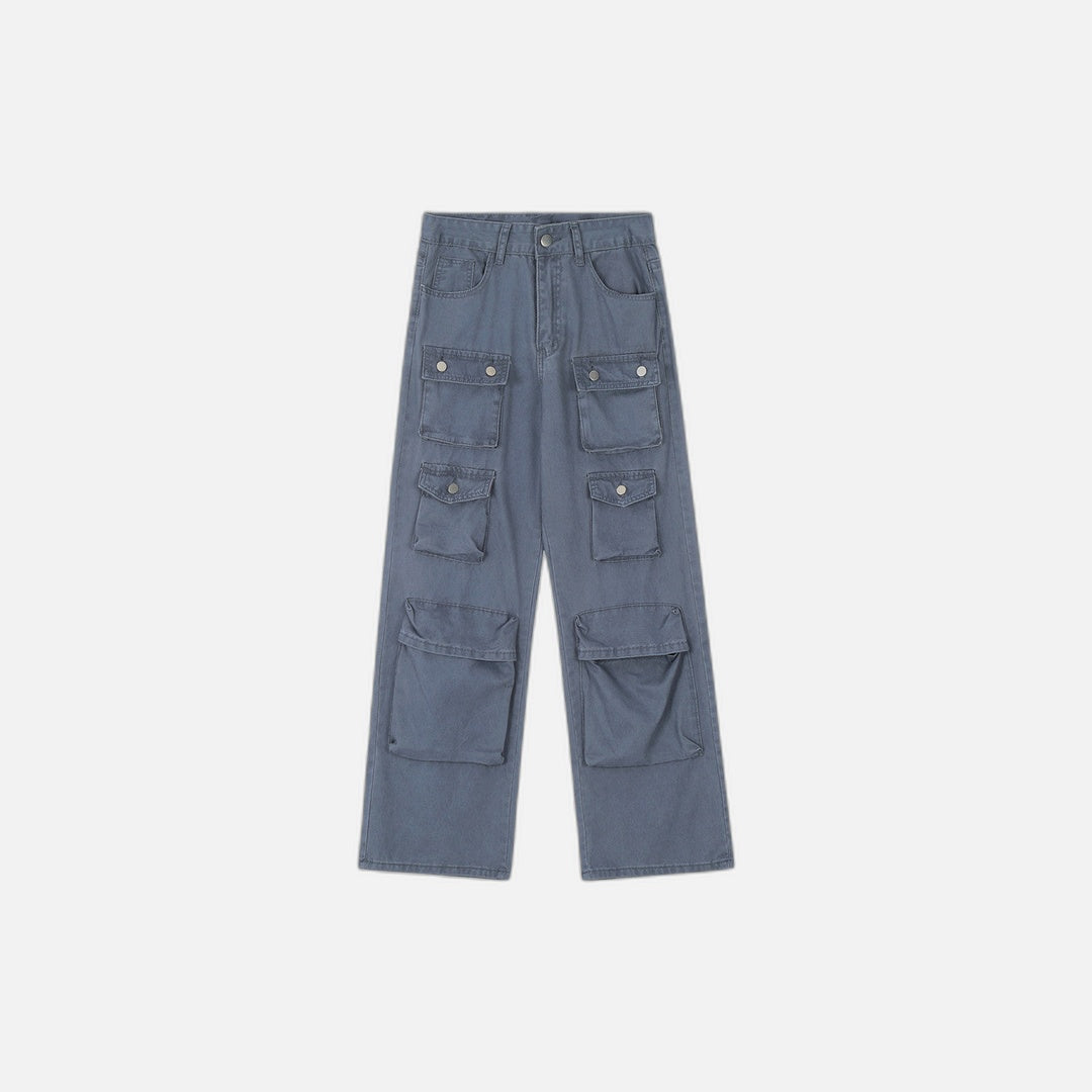 Vintage Washed Functional Multi-Pocket Straight Jeans