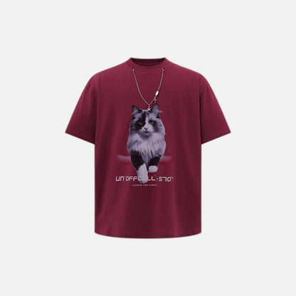 American Style Cat Print Decorative T-Shirt