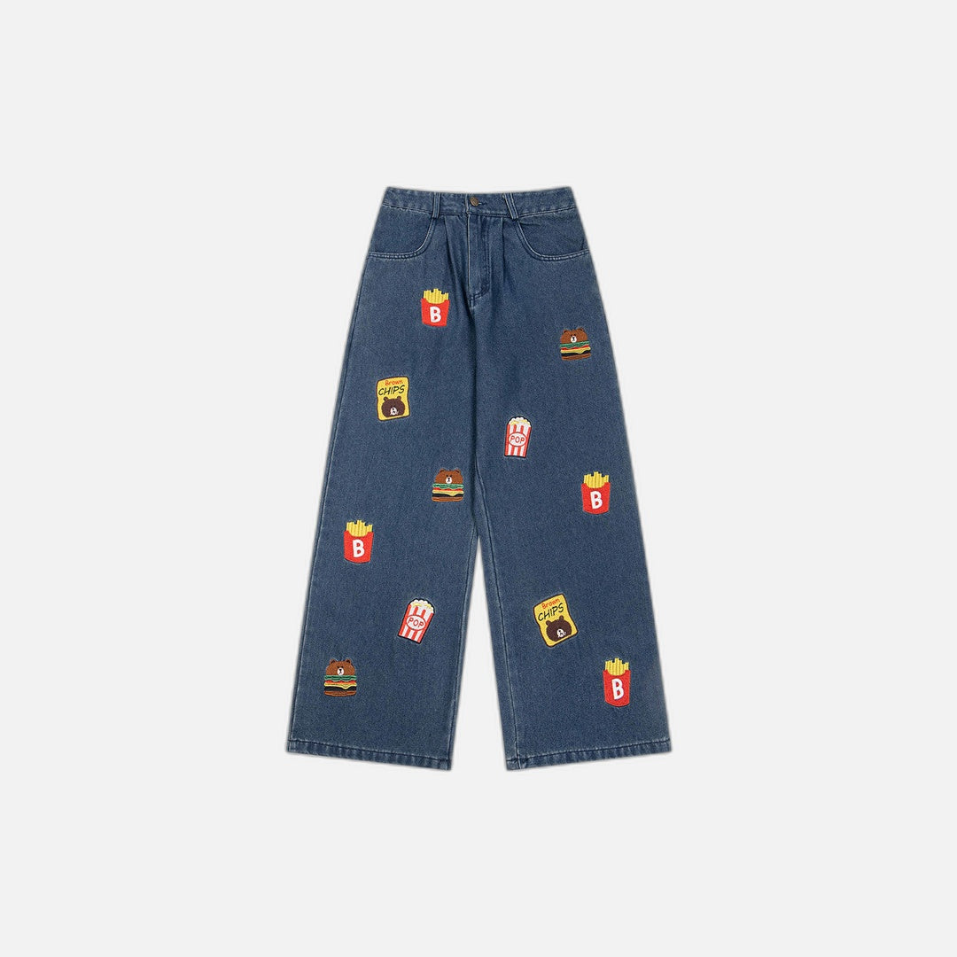 Cartoon Embroidered Denim Wide Leg Jeans