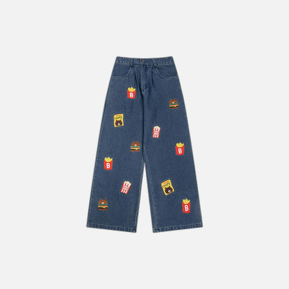 Cartoon Embroidered Denim Wide Leg Jeans