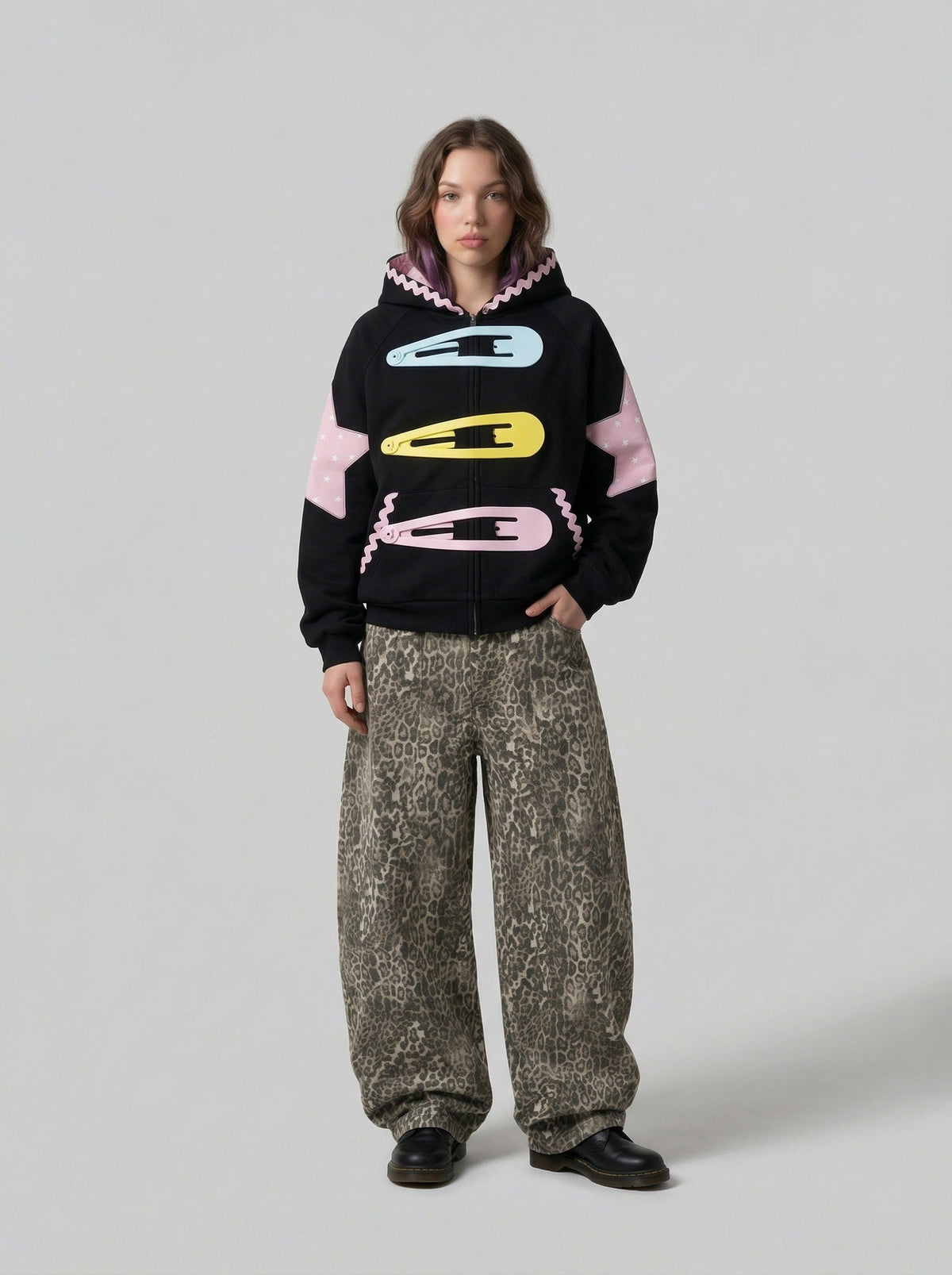 Star Applique Color Block Zip-Up Hoodie