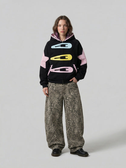 Star Applique Color Block Zip-Up Hoodie