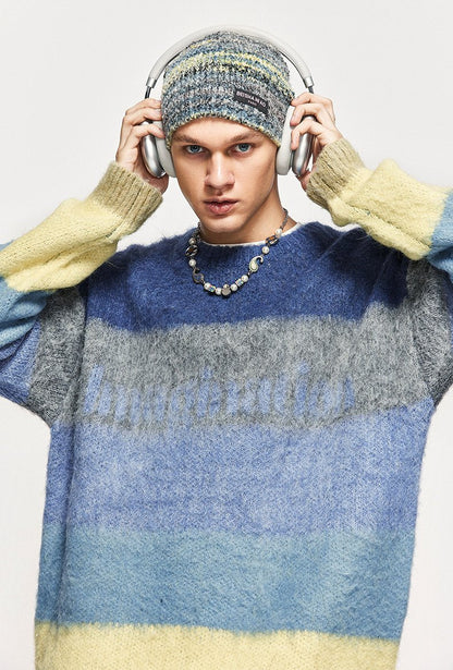 Fuzzy Loose Striped Contrast Color Sweater