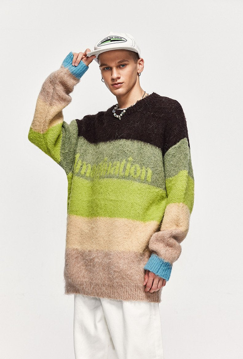 Fuzzy Loose Striped Contrast Color Sweater