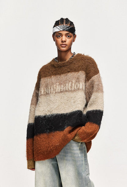 Fuzzy Loose Striped Contrast Color Sweater