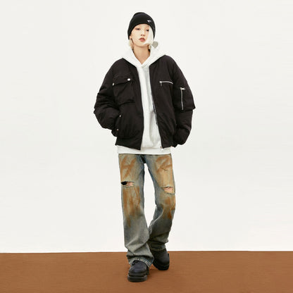 Model wearing the black Retro Classic Multi-Pocket Bomber Jacket in a gray background 
