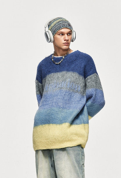 Fuzzy Loose Striped Contrast Color Sweater