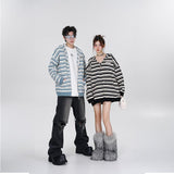 Loose Striped Zip-up Hooded Sweater