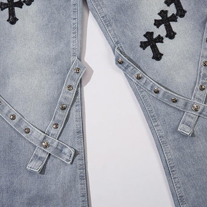 Cross Embroidered Wide Leg Jeans