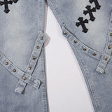 Cross Embroidered Wide Leg Jeans