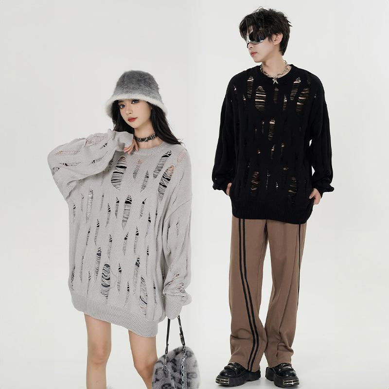 Y2k Ripped Loose Solid Color Sweater