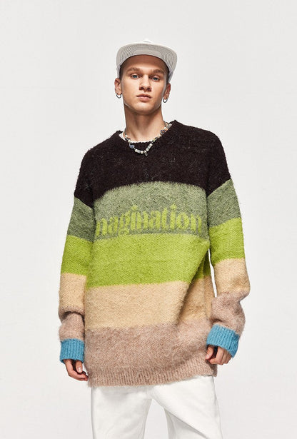 Fuzzy Loose Striped Contrast Color Sweater