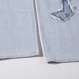 Butterfly Patch Embroidered Wide Leg Jeans