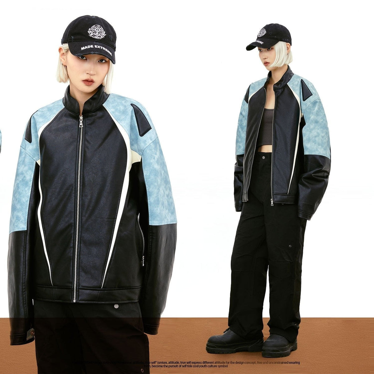 2 Models wearing the blue Loose Contrast Color Motorcycle Jacket in a gray background 