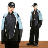 2 Models wearing the blue Loose Contrast Color Motorcycle Jacket in a gray background 
