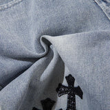 Cross Embroidered Wide Leg Jeans