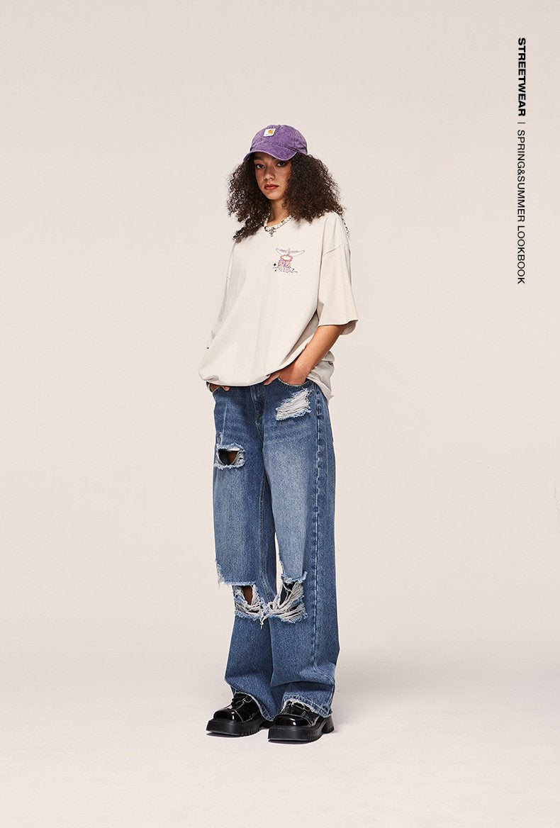 Loose Denim Ripped Washed Jeans