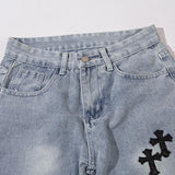 Cross Embroidered Wide Leg Jeans