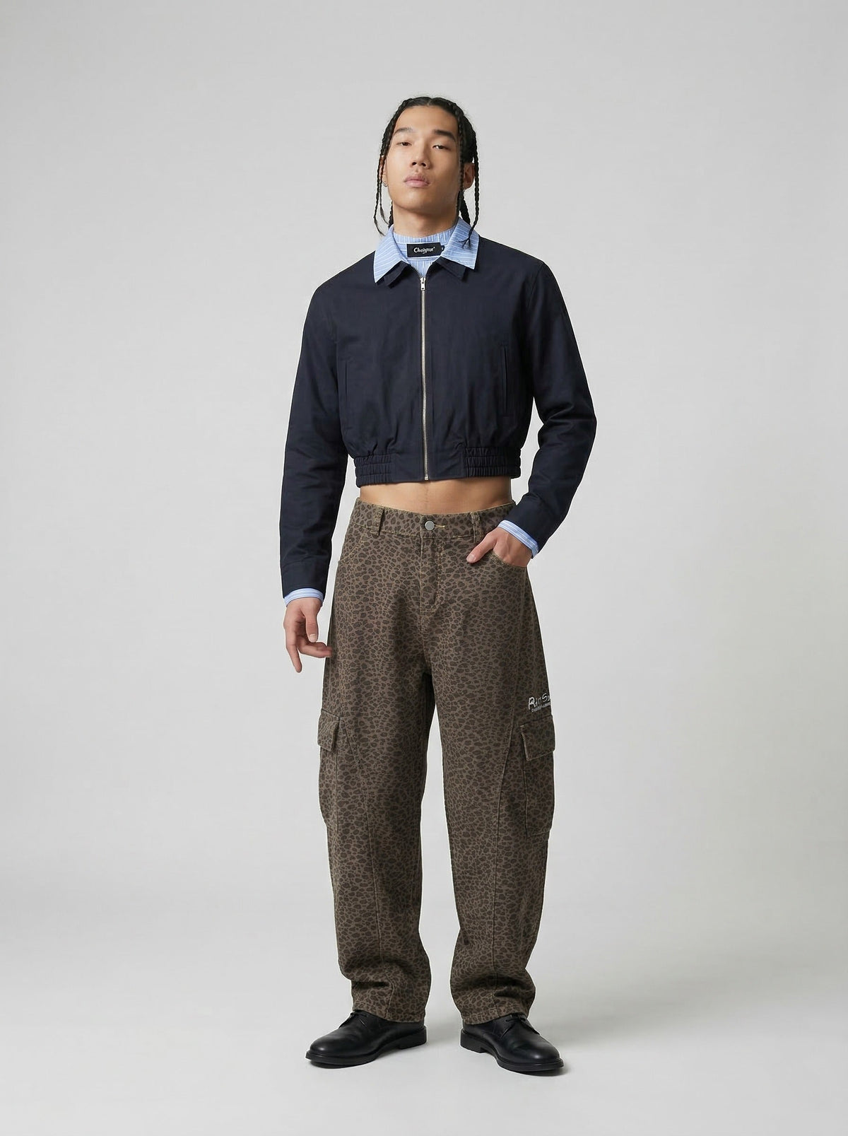 Cropped Bomber Jacket with Striped Collar