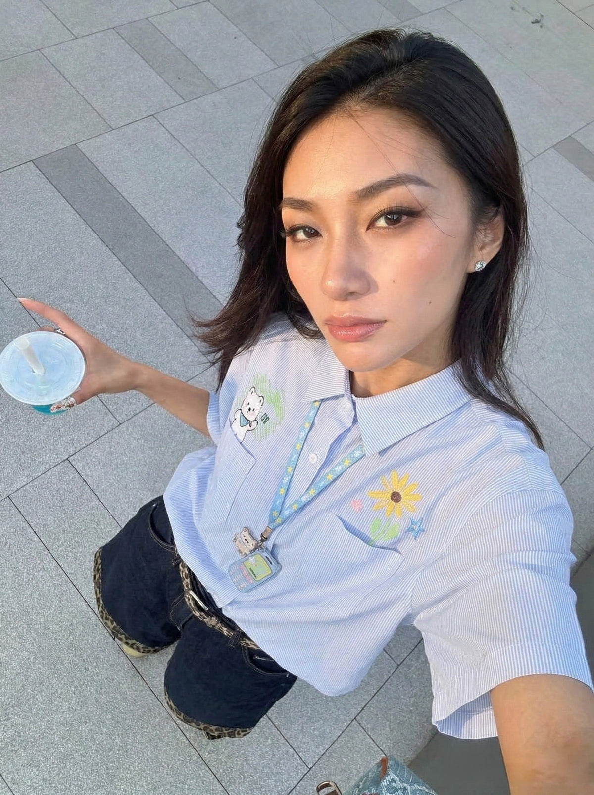 Sunflower and Bear Embroidered Button-Up Shirt