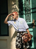 Sunflower and Bear Embroidered Button-Up Shirt