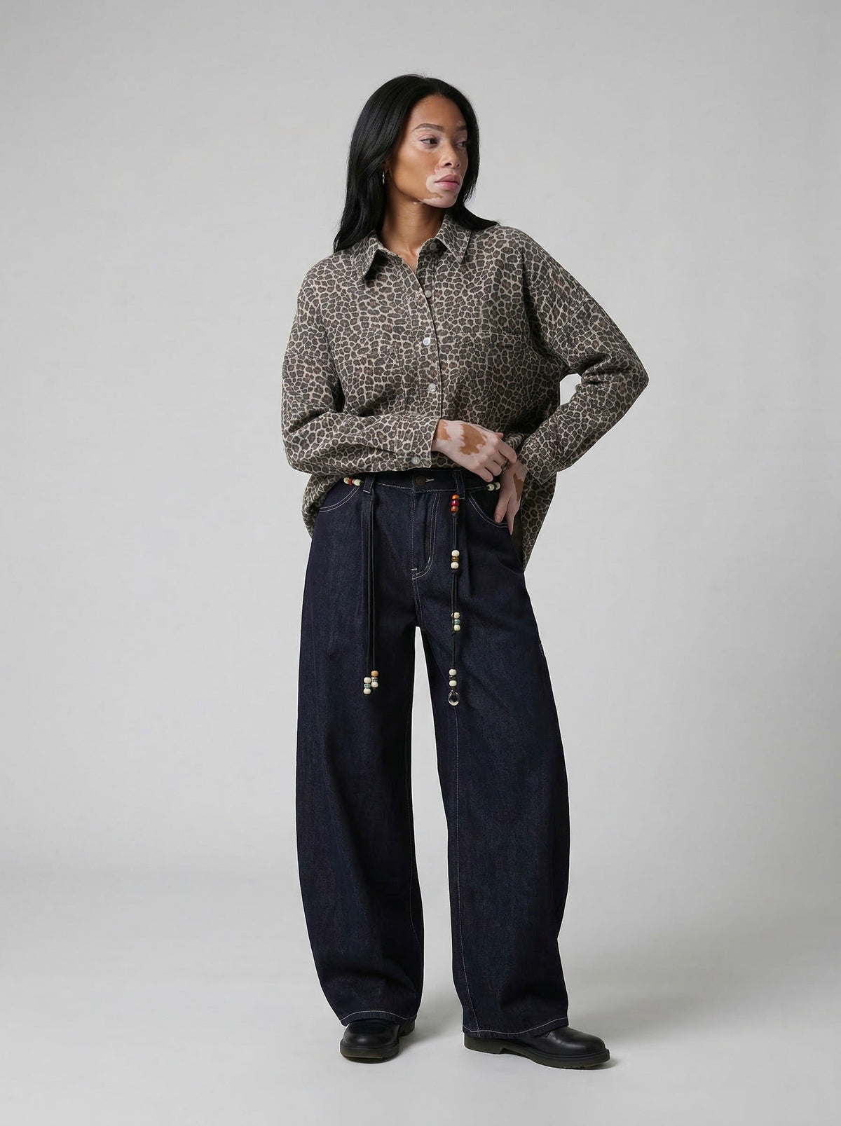 Indigo Beaded Wide-Leg Denim Pants