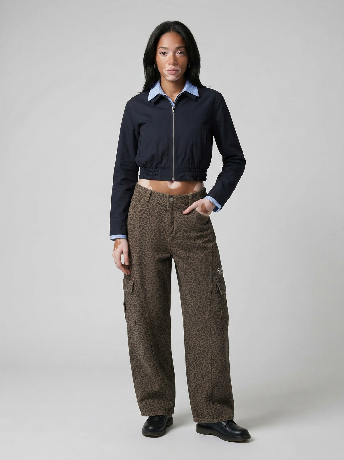 Cropped Bomber Jacket with Striped Collar