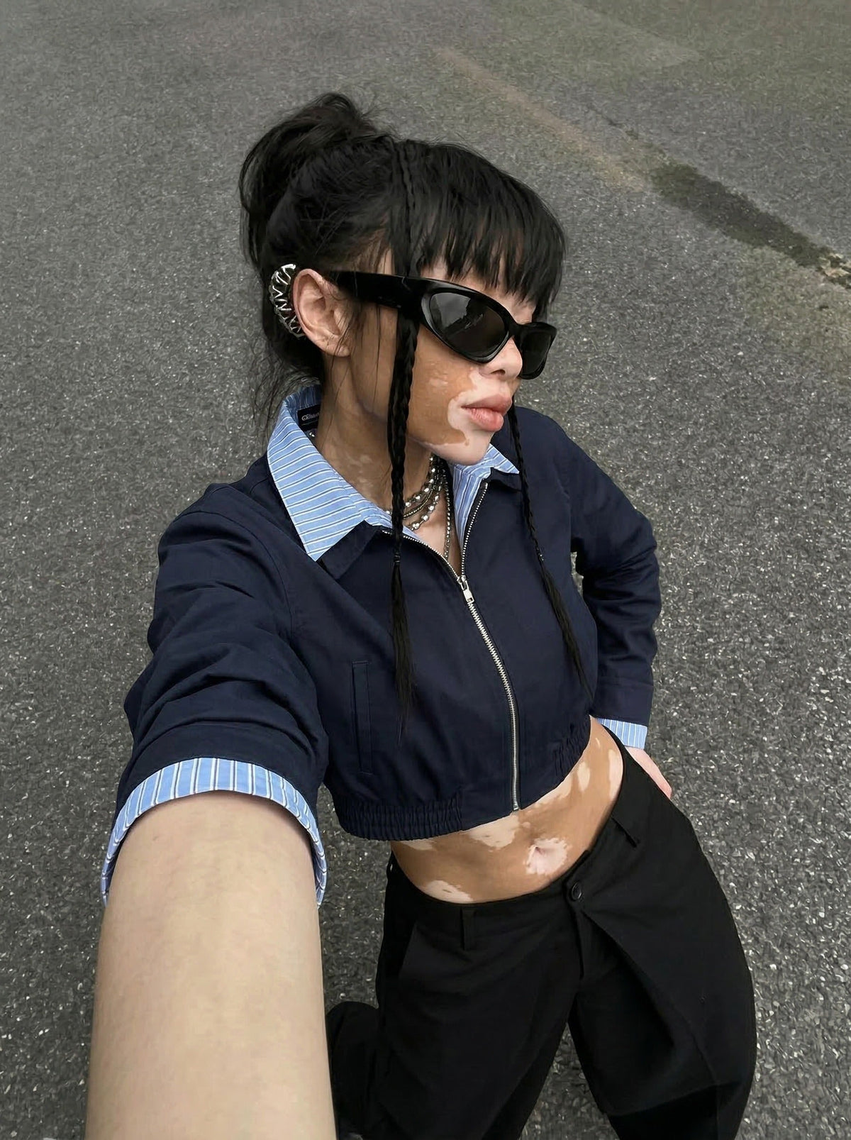 Cropped Bomber Jacket with Striped Collar